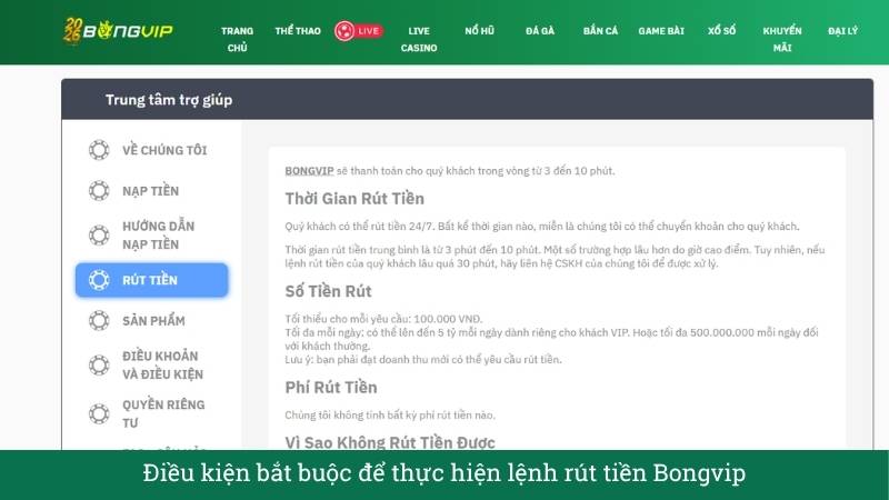 Điều kiện bắt buộc để thực hiện lệnh rút tiền Bongvip