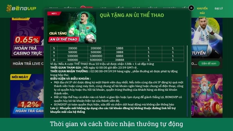 Thời gian và cách thức nhận thưởng tự động